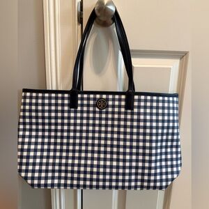 Toy Burch coated canvas tote. NWOT. Navy gingham pattern.